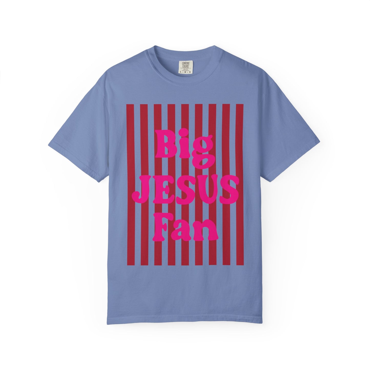 Christian Graphic T-Shirt — "Big Jesus Fan" Pink Text on Red Stripe Tee