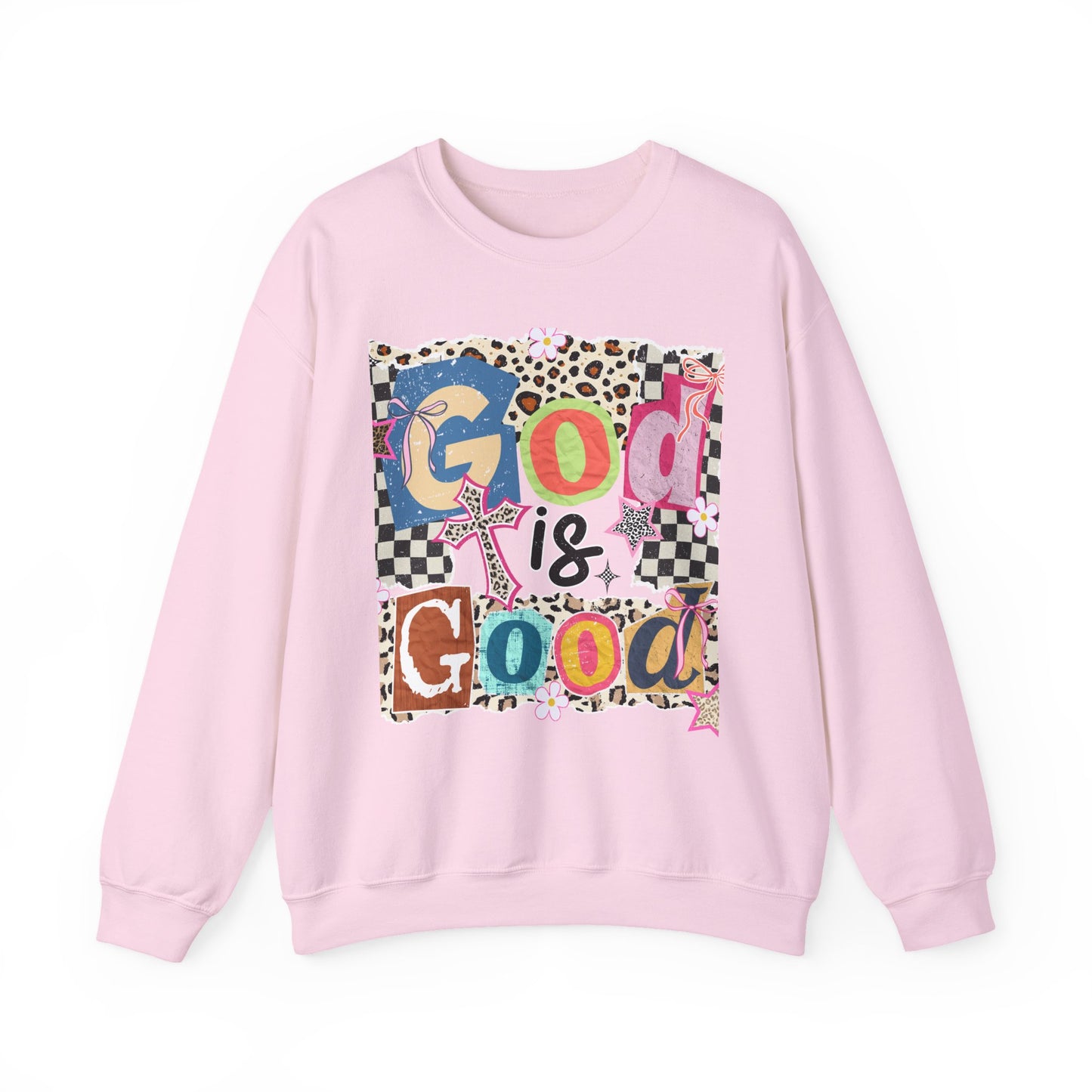 God Is Good Crewneck Sweatshirt — Colorful Patchwork Christian Graphic
