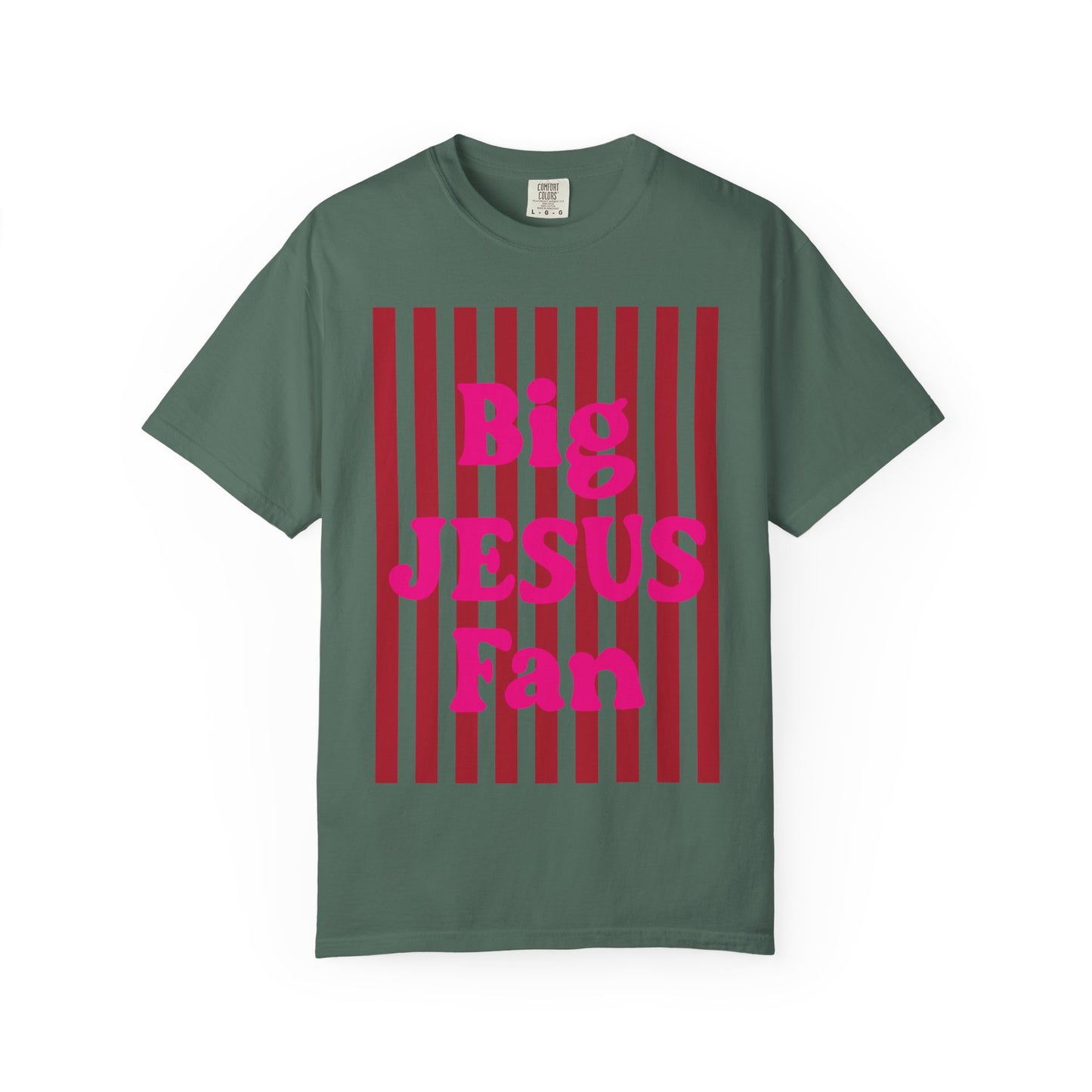 Christian Graphic T-Shirt — "Big Jesus Fan" Pink Text on Red Stripe Tee
