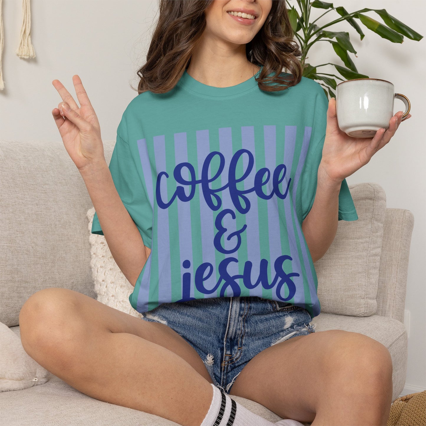 Coffee & Jesus T‑Shirt — Striped Faith Graphic Tee