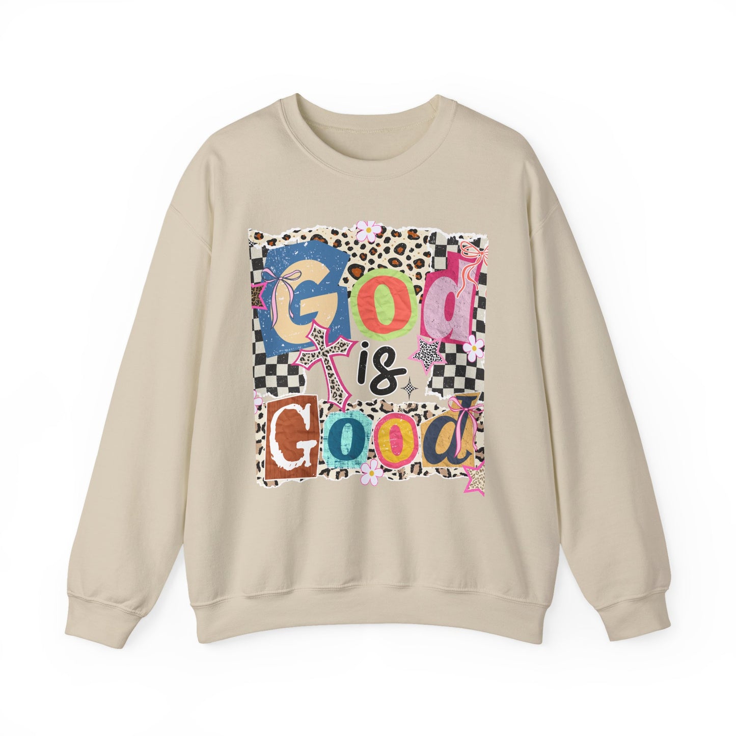 God Is Good Crewneck Sweatshirt — Colorful Patchwork Christian Graphic