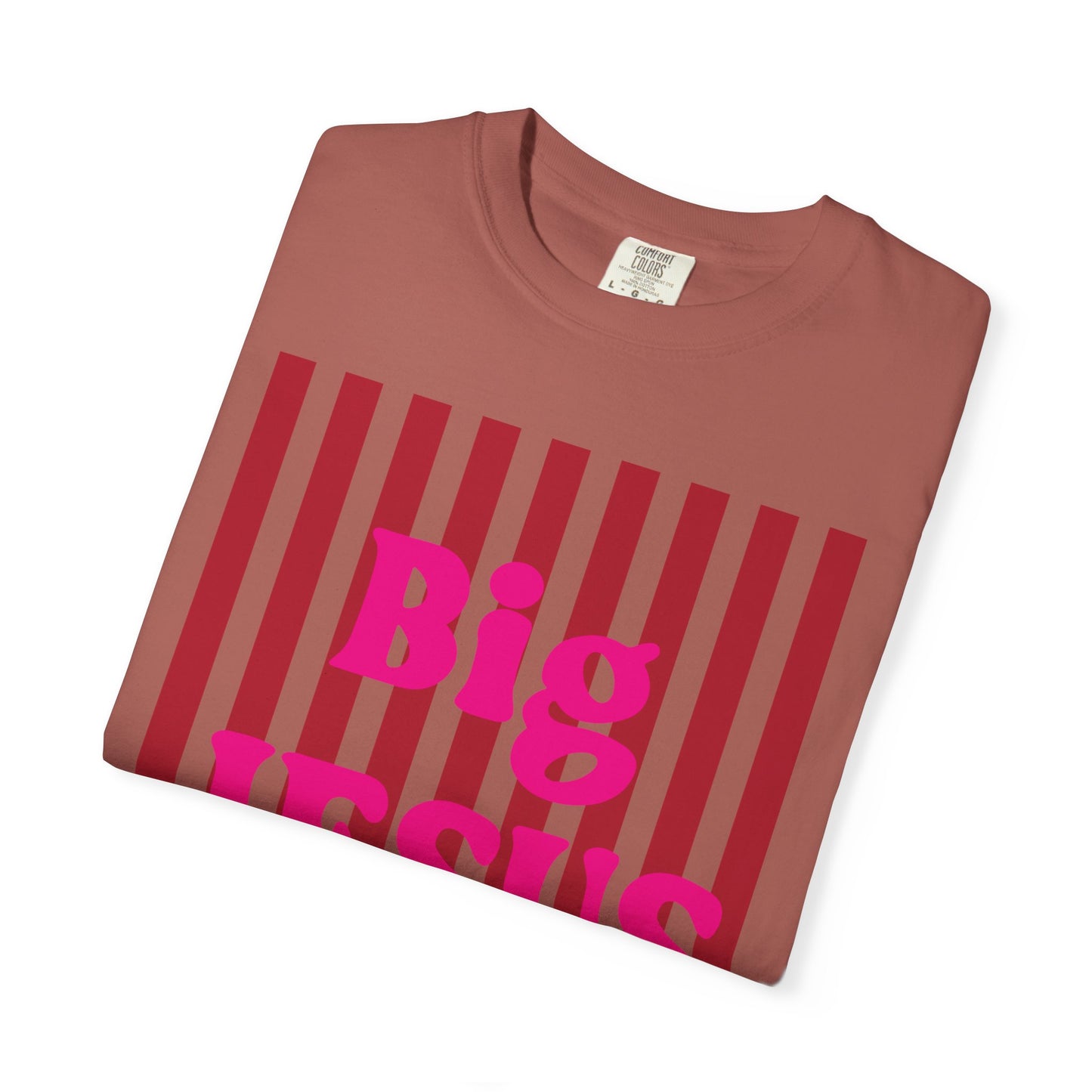 Christian Graphic T-Shirt — "Big Jesus Fan" Pink Text on Red Stripe Tee