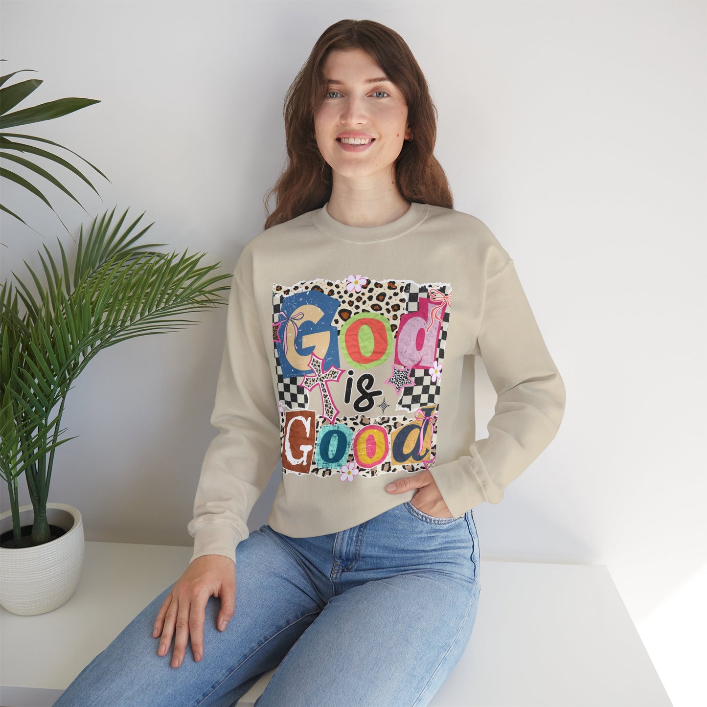 God Is Good Crewneck Sweatshirt — Colorful Patchwork Christian Graphic