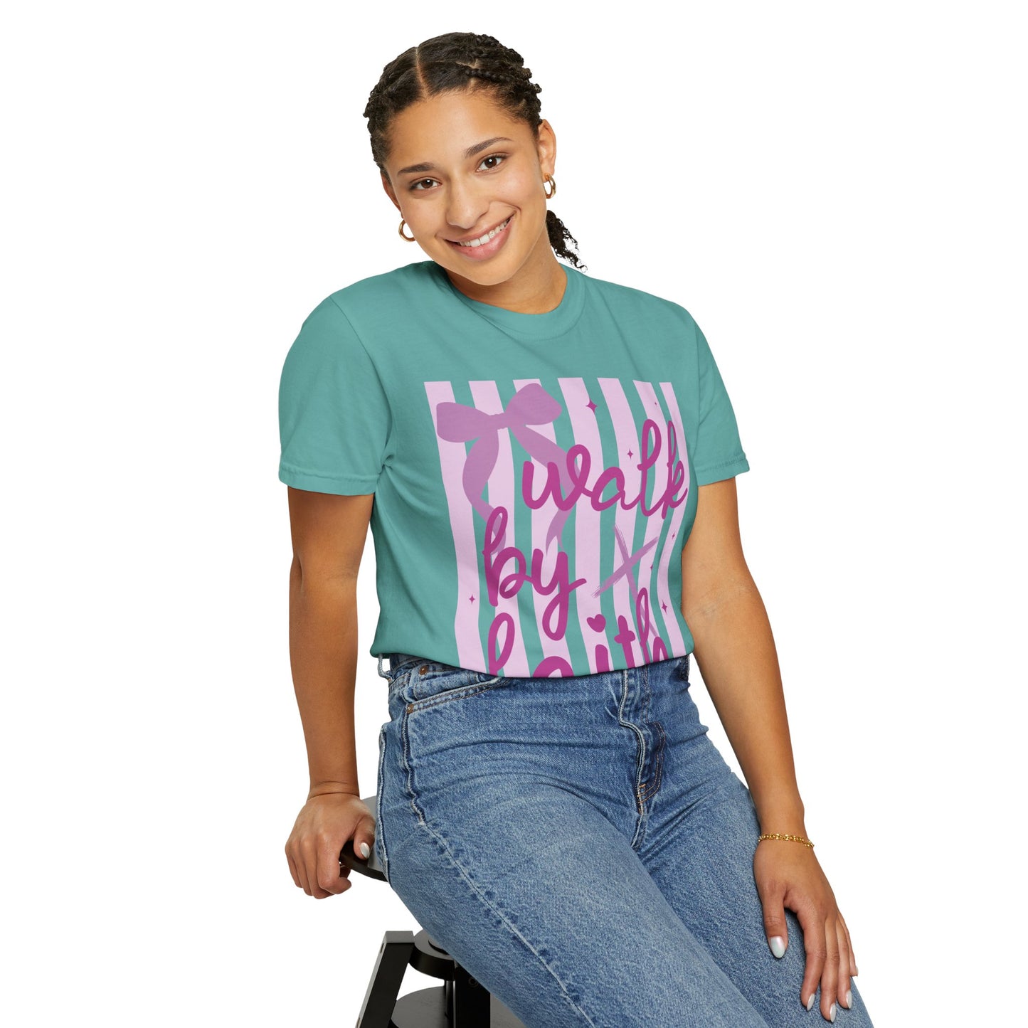 Walk by Faith T-Shirt — Pink Script Faith Graphic Tee