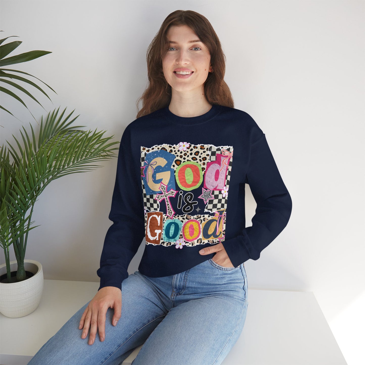 God Is Good Crewneck Sweatshirt — Colorful Patchwork Christian Graphic