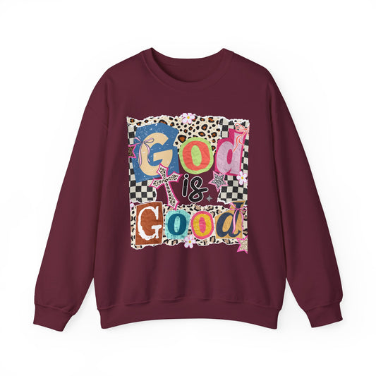 God Is Good Crewneck Sweatshirt — Colorful Patchwork Christian Graphic