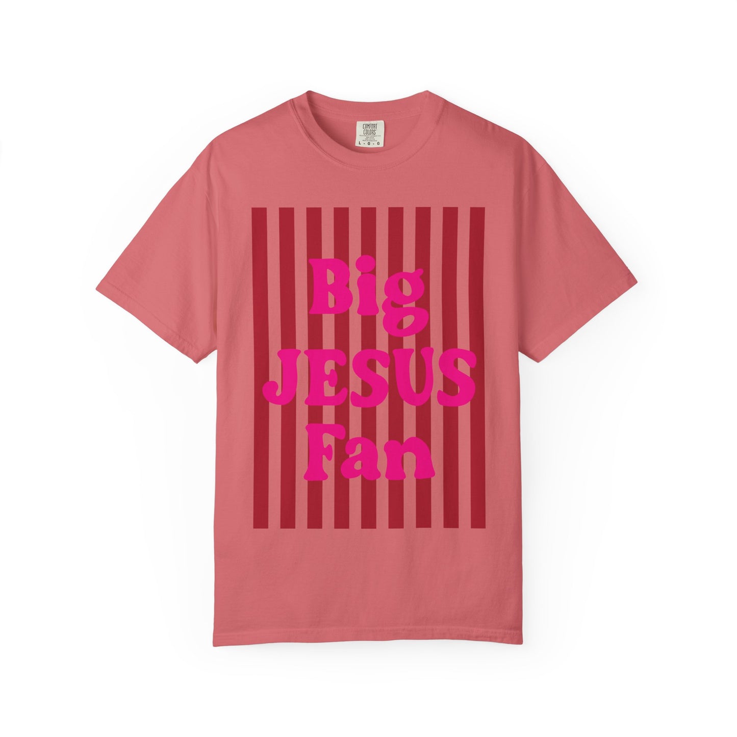 Christian Graphic T-Shirt — "Big Jesus Fan" Pink Text on Red Stripe Tee