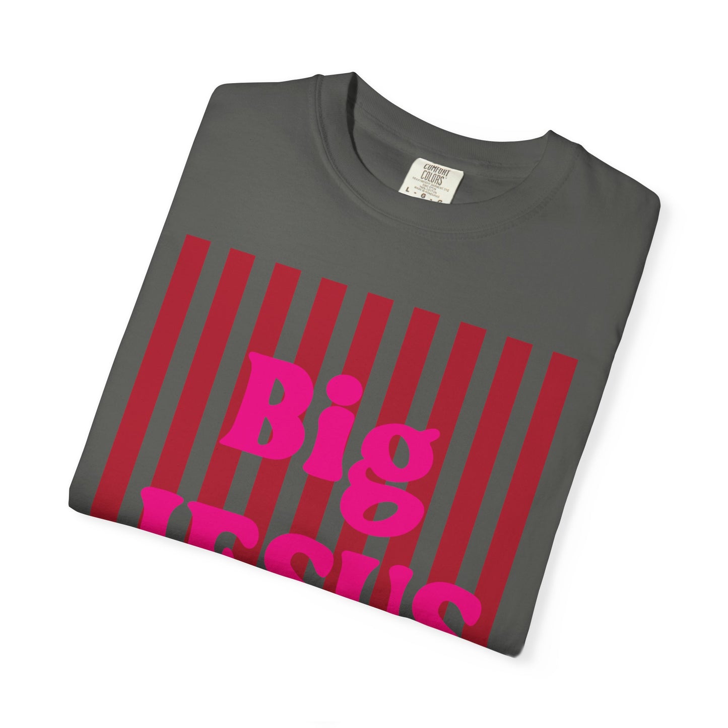 Christian Graphic T-Shirt — "Big Jesus Fan" Pink Text on Red Stripe Tee