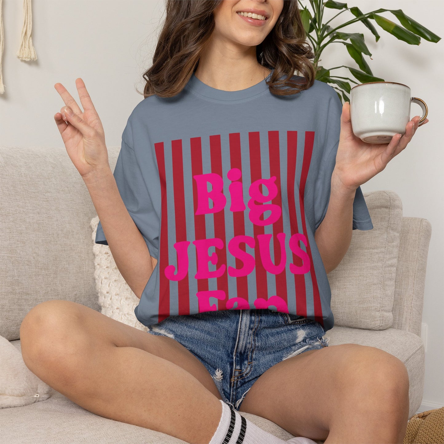 Christian Graphic T-Shirt — "Big Jesus Fan" Pink Text on Red Stripe Tee